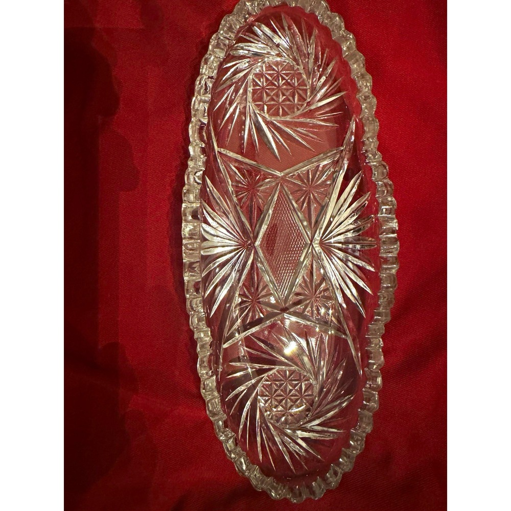 Clear Cut Glass Oval Serving Tray Starburst Pattern 10" x 4" two chips
